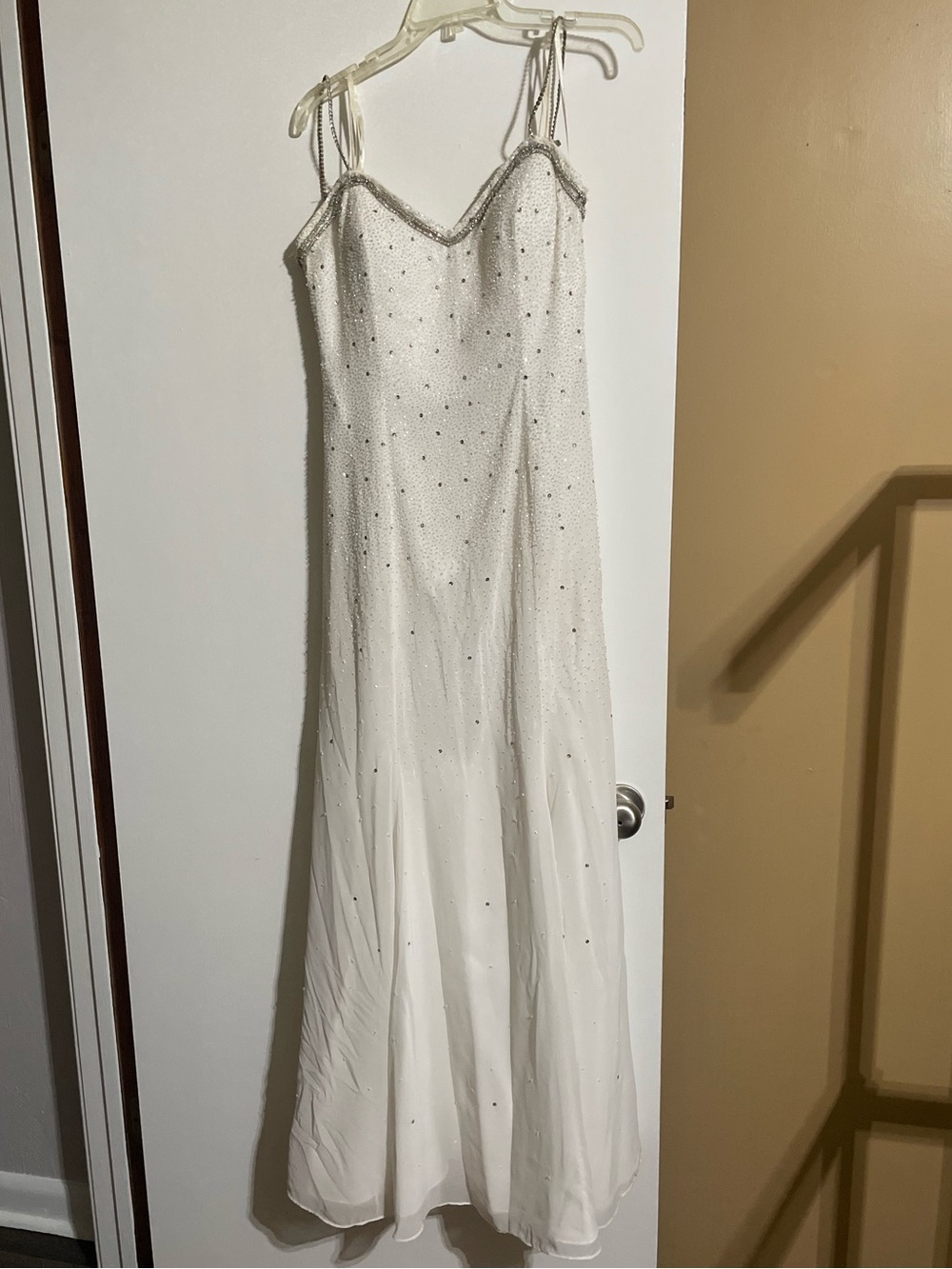 White Beaded Spaghetti Strap Evening Dress